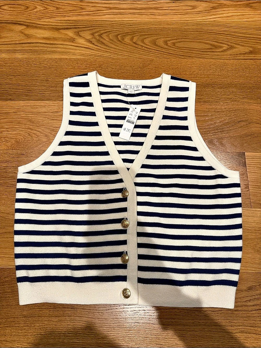 J.Crew Emilie Sweater-Vest in Stripe Blue & Cream Large gold buttons NWT